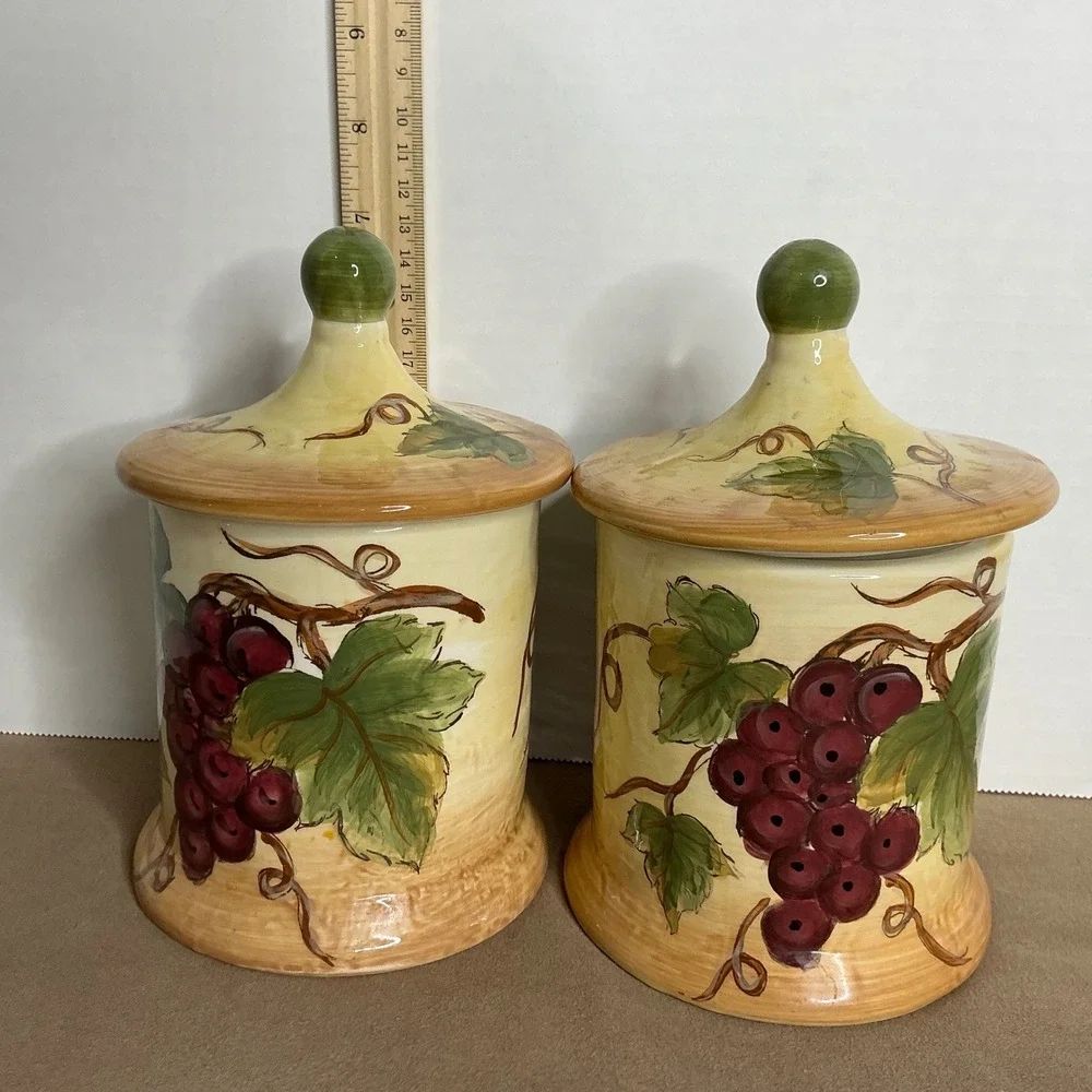 Charming Ceramic Canisters with Grapes and Leaves Set of 2 Vineyard Theme